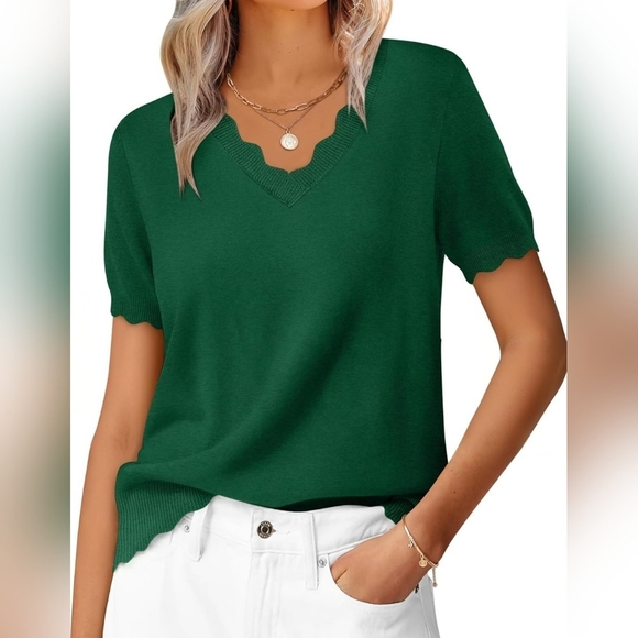 Tops - Green Scalloped V-Neck Ribbed Knit Short Sleeve Sweater Top | NWT | Size Large